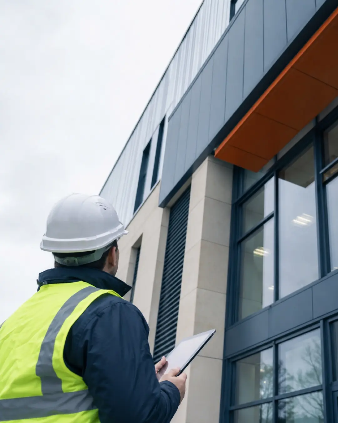 Commercial building surveyor in hi-vis and hard hat inspecting a property
